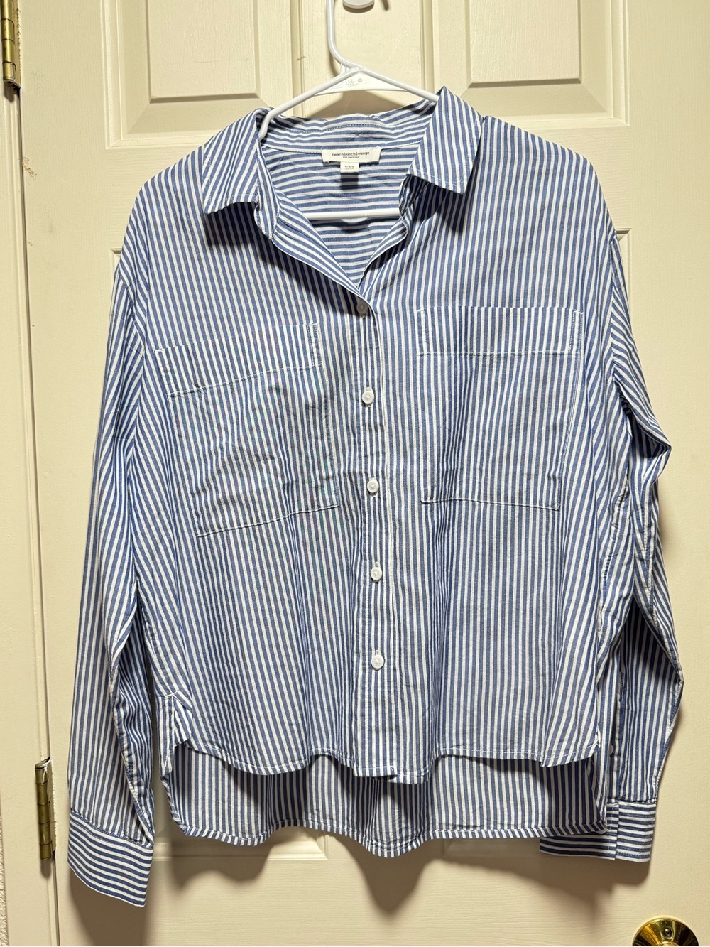 beachlunchlounge Blue White Striped Cotton Modal Coastal Button Down Top Medium